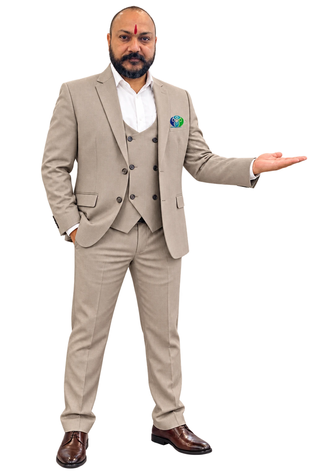 Photo-based founder presenter with an open palm