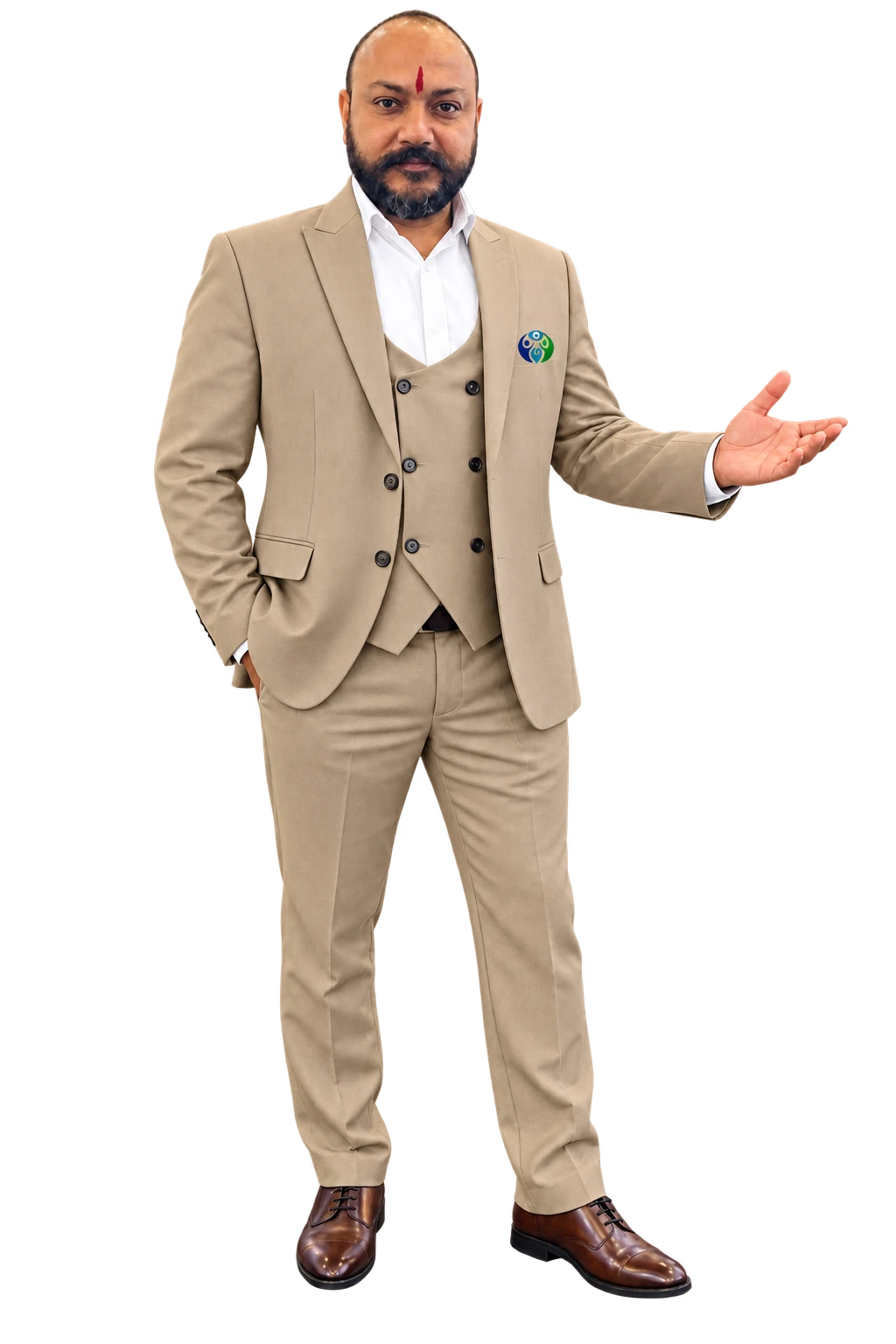 Photo-based likeness of Gagan Sharma Trikha in his beige suit